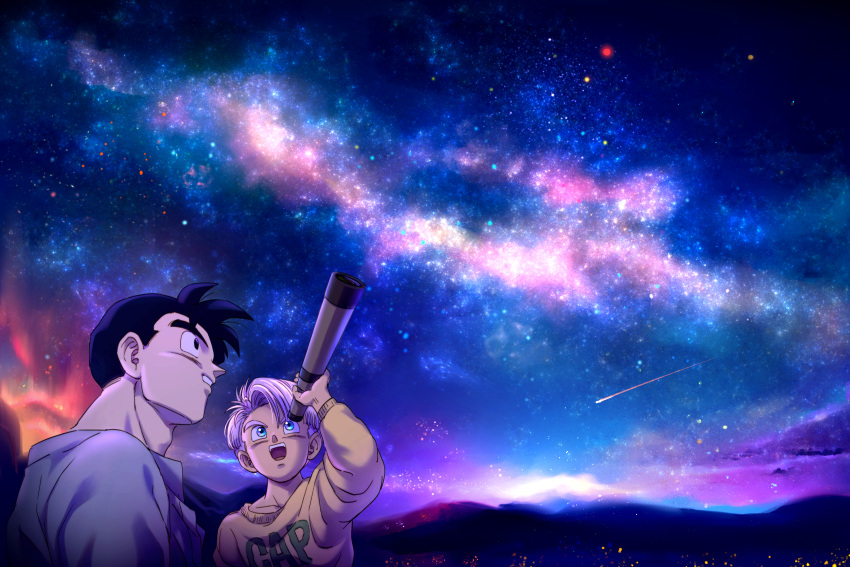 2boys, :d, absurdres, aged_down, alternate_costume, aurora, betelgeuse_(star), black_eyes, black_hair, blue_eyes, boriroba, child, commentary_request, dragon_ball, dragon_ball_z, grey_shirt, highres, holding, holding_telescope, looking_up, male_focus, multiple_boys, muscular, muscular_male, nebula, night, night_sky, open_mouth, profile, purple_hair, scenery, shirt, shooting_star, short_hair, side_part, sky, smile, son_gohan, son_gohan_(future), spiky_hair, star_(sky), starry_sky, sweater, teacher_and_student, teeth, telescope, toriyama_akira_(style), trunks_(dragon_ball), trunks_(future)_(dragon_ball), upper_body, upper_teeth_only, yellow_sweater