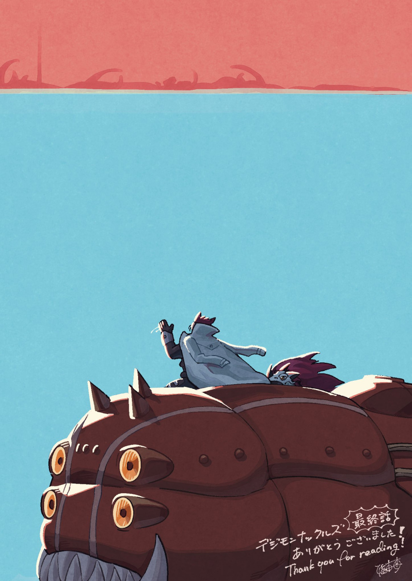 2boys, blue_background, coat, coat_on_shoulders, digimon, digimon_(creature), digimon_knuckles, from_behind