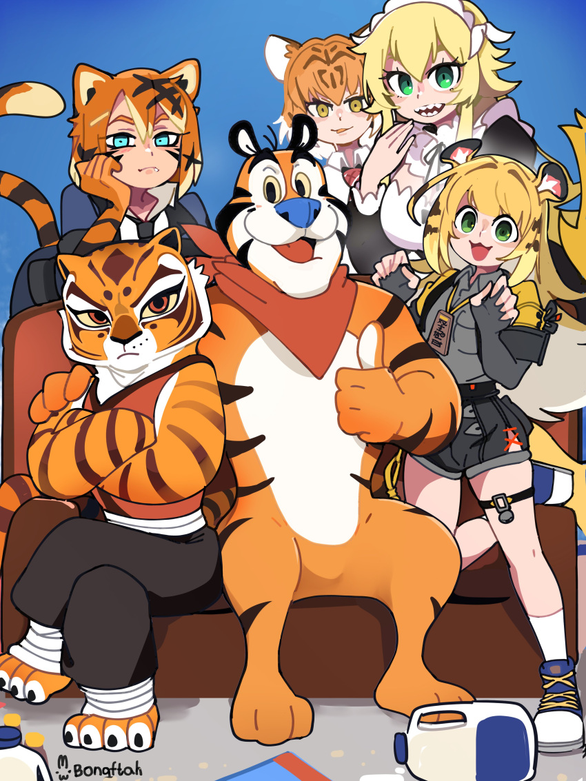 1boy, 5girls, absurdres, animal_ears, animal_nose, artist_name, black_necktie, black_shirt