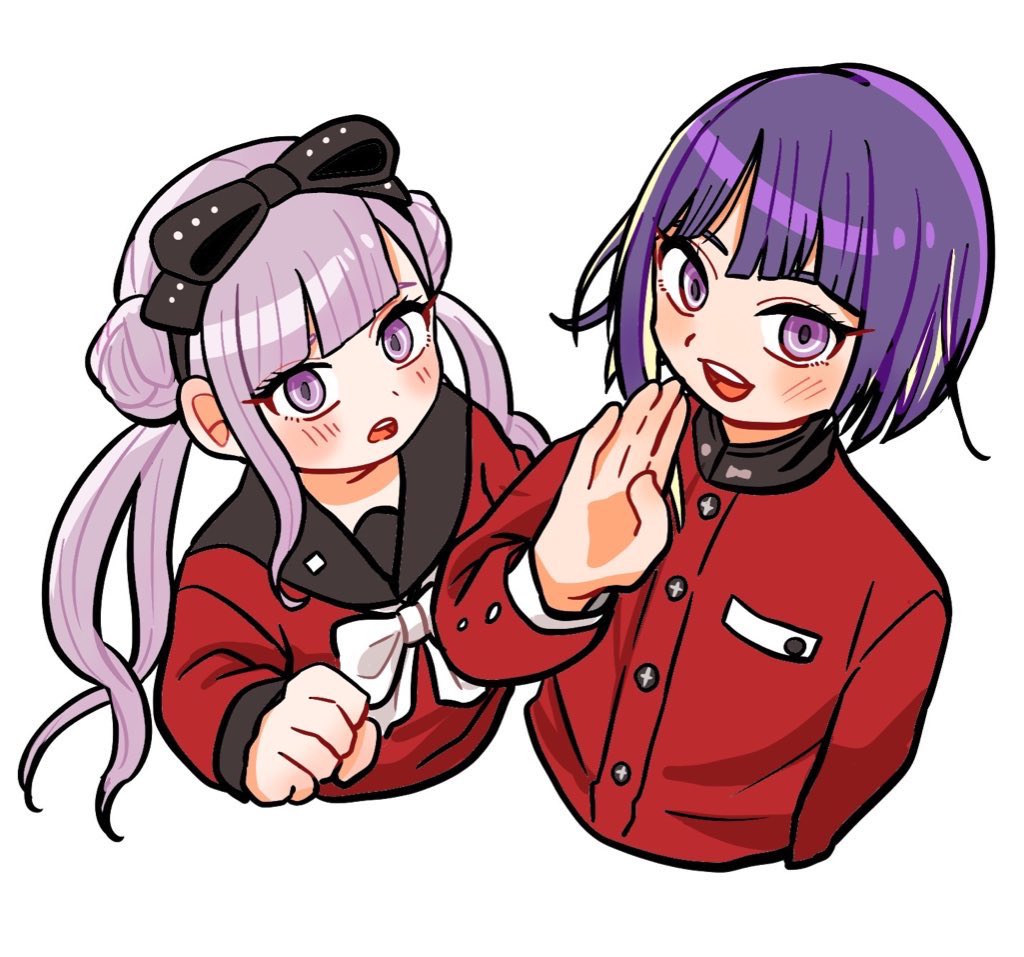 1boy, 1girl, black_hairband, blush, bow, brother_and_sister, cropped_torso, double_bun, hair_bow, hair_bun, hairband, hand_up, jacket, long_hair, pannomimi0301, pink_eyes, pink_hair, purple_hair, red_jacket, red_shirt, sailor_collar, shirt, short_hair, siblings, simple_background, the_hundred_line_-last_defense_academy-, tsukumo_ima, tsukumo_kako, twins, twintails, white_background, white_bow