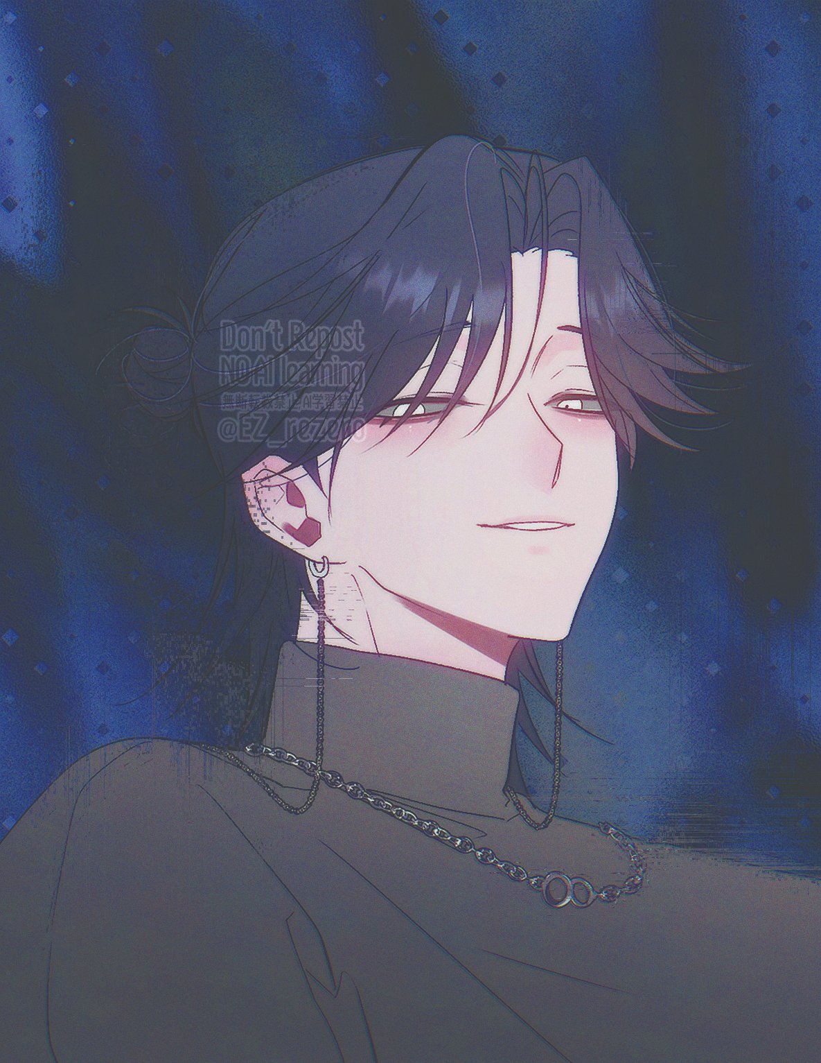 1boy, black_shirt, blue_background, blue_hair, chain, colored_sclera, earrings, ez_rezero