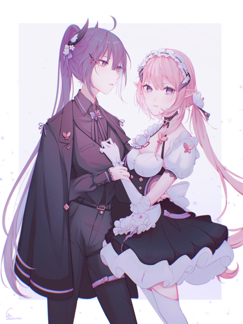 2girls, absurdres, ahoge, apron, black_coat, black_dress, black_pantyhose, black_shirt