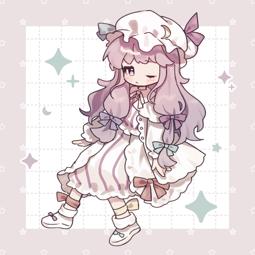1girl, ;<, absurdres, blue_bow, blue_ribbon, bow, crescent, crescent_hat_ornament, crescent_pin, dress, hat, hat_ornament, highres, long_hair, looking_at_viewer, mob_cap, moe45r, one_eye_closed, patchouli_knowledge, purple_bow, purple_hair, purple_ribbon, red_bow, red_ribbon, ribbon, solo, striped_clothes, striped_dress, touhou, vertical-striped_clothes, vertical-striped_dress, violet_eyes, white_dress, white_hat, yellow_ribbon