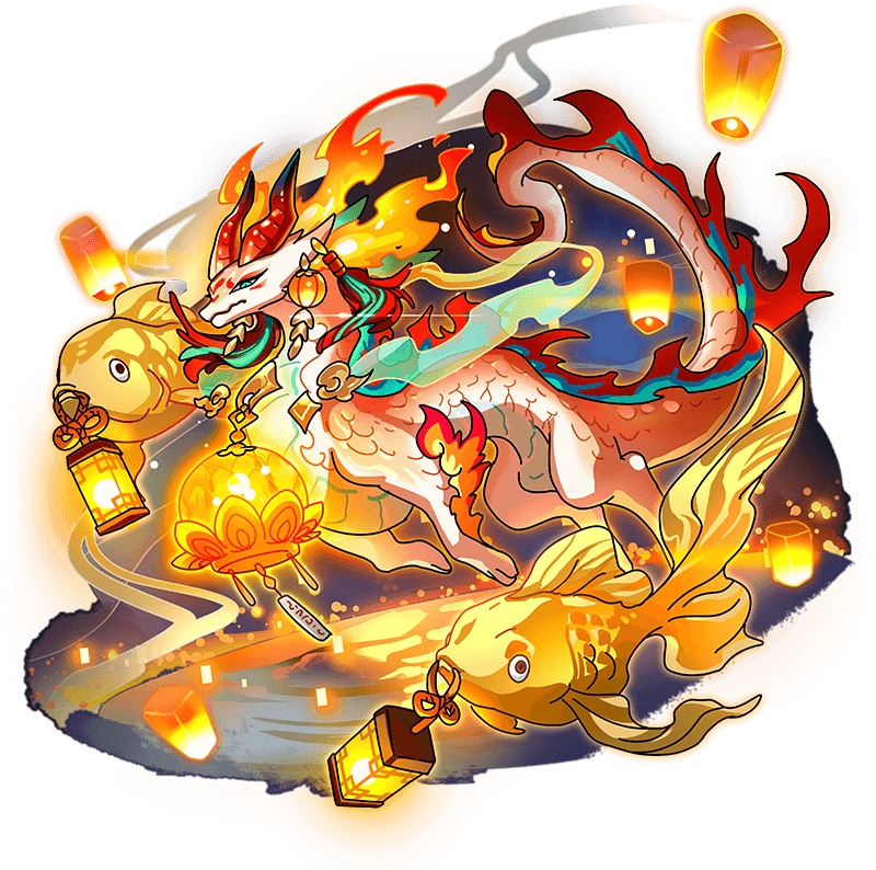 animal, aqua_eyes, dragon, dragon_village_(series), dragon_village_collection, earrings, eastern_dragon, fire, fish, flying, game_cg, goldfish, jewelry, lantern, lantern_earrings, lotus_fire_dragon_(dragon_village), lotus_fire_dragon_(lotus)_(dragon_village), no_humans, official_art, outdoors, paper_lantern, sky_lantern, tassel, tassel_earrings, third-party_source, transparent_background, water