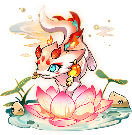 animal, blue_eyes, dragon, dragon_village_(series), dragon_village_collection, earrings, eastern_dragon, fire, fish, flower, game_cg, goldfish, jewelry, lantern, lantern_earrings, lotus, lotus_fire_dragon_(dragon_village), lotus_fire_dragon_(lotus)_(dragon_village), lotus_leaf, lowres, no_humans, official_art, paper_lantern, third-party_source, transparent_background, water