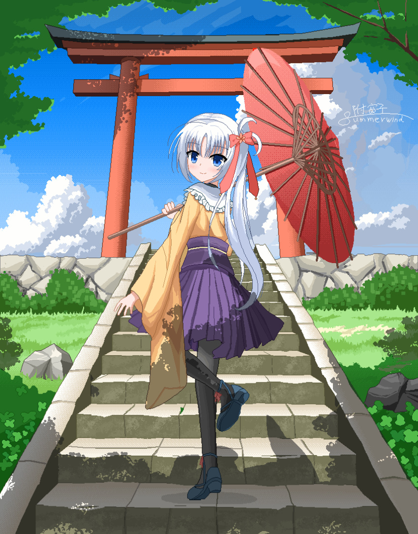1girl, animated, animated_gif, black_pantyhose, black_shoes, blinking, blue_eyes, blue_sky