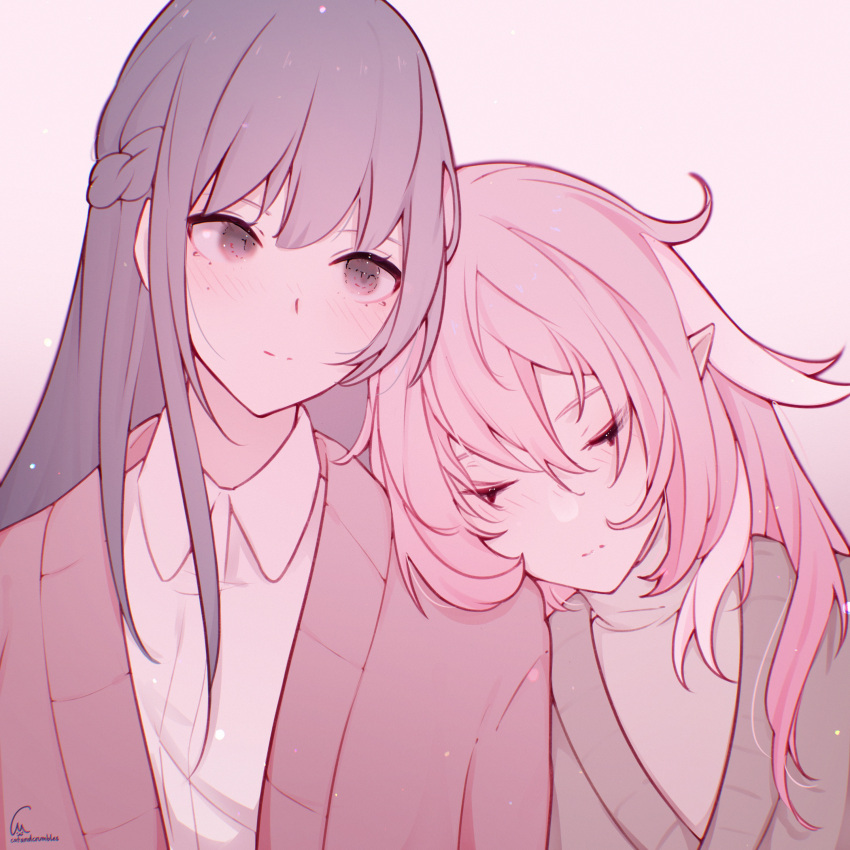 2girls, absurdres, alternate_costume, catandcrumbles, closed_eyes, collared_shirt, commentary, elf