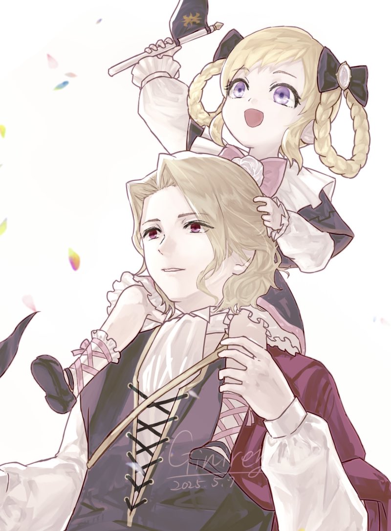 1boy, 1girl, aged_down, black_capelet, braid, braided_hair_rings, braided_twintails, brooch
