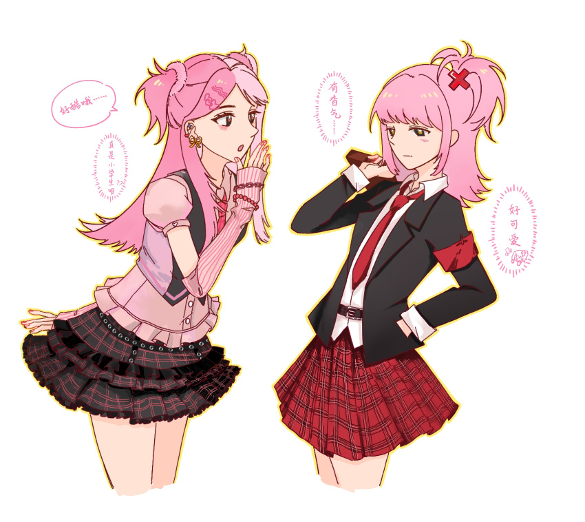 2girls, :o, armband, bead_bracelet, beads, belt, belt_buckle, black_belt