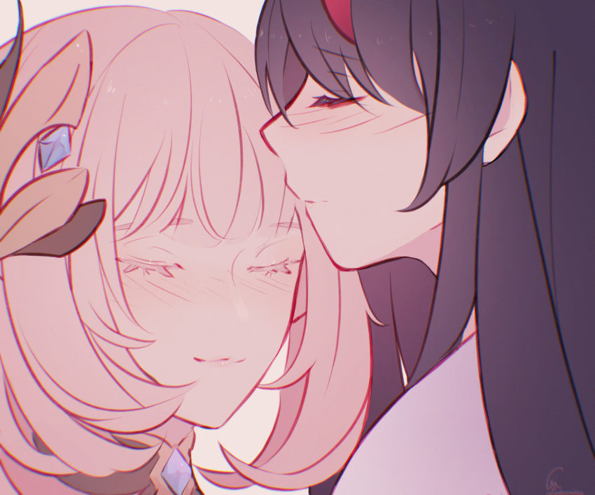 2girls, absurdres, blush, catandcrumbles, closed_eyes, commentary, elysia_(honkai_impact), elysia_(miss_pink_elf)_(honkai_impact)