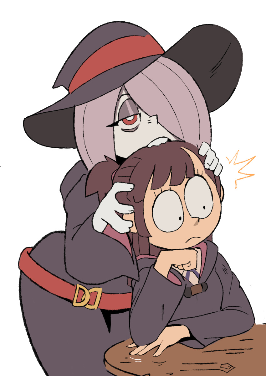 2girls, absurdres, arm_support, biting_another's_head, brown_hair, closed_mouth, commentary, english_commentary, hair_over_one_eye, hat, highres, kagari_atsuko, little_witch_academia, long_hair, long_sleeves, luna_nova_school_uniform, multiple_girls, newtype_hero, red_eyes, school_uniform, simple_background, sucy_manbavaran, table, white_background, witch_hat