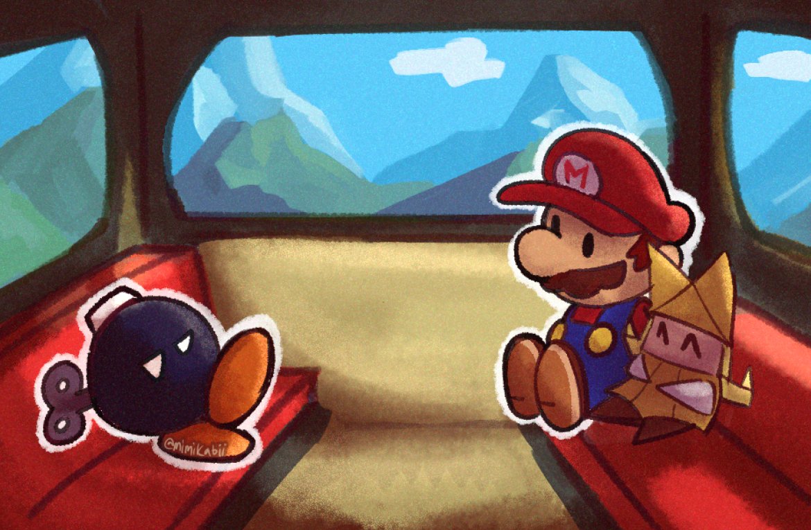 ._., 1boy, 1girl, ^_^, blue_overalls, blue_sky, bob-omb, bobby_(paper_mario)