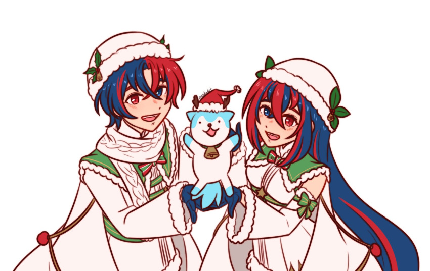 1boy, 1girl, 1other, antlers, aqua_fur, blue_eyes, blue_gloves, blue_hair