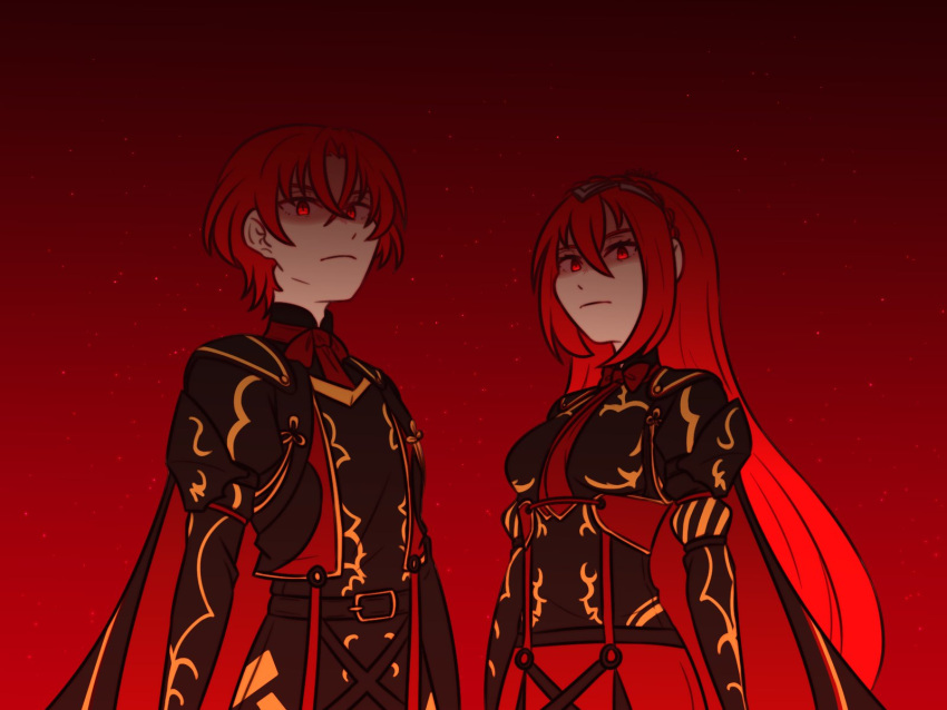 1boy, 1girl, black_cape, cape, closed_mouth, crossed_bangs, dark_persona, female_alear_(fell_dragon)_(fire_emblem)
