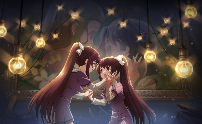 2girls, amane_tsukuyo, artist_request, bow, brown_hair, clone, collared_shirt, cowboy_shot