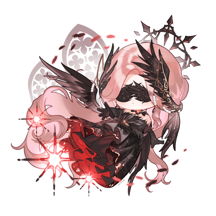 1girl, absurdly_long_hair, attack, beads, bird_wings, black_collar, black_dress, black_gloves