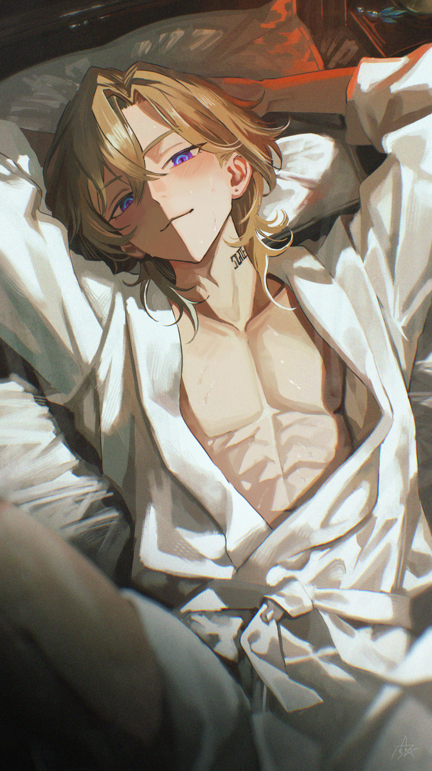 1boy, absurdres, aventurine_(honkai:_star_rail), bathrobe, blush, closed_mouth, highres, honkai:_star_rail