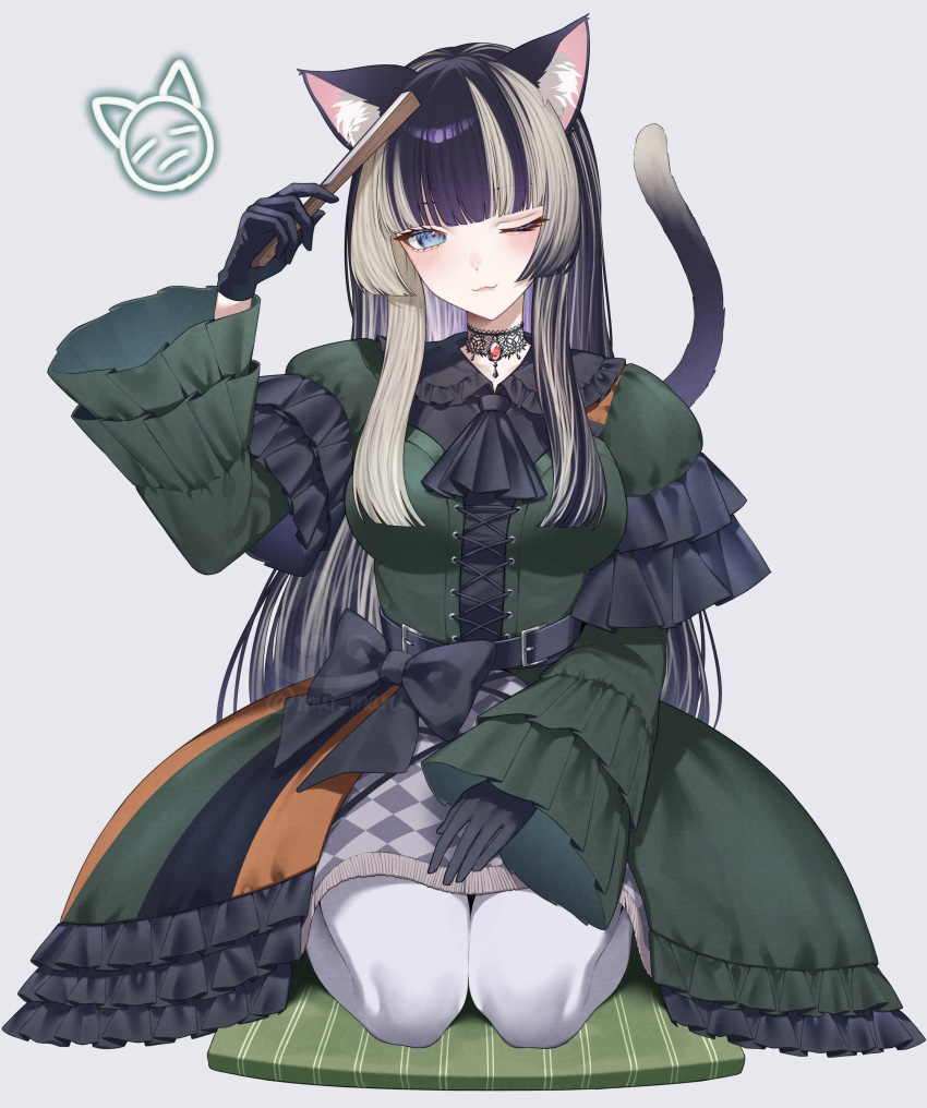 1girl, ;3, absurdres, animal_ear_fluff, animal_ears, black_choker, black_gloves, black_hair