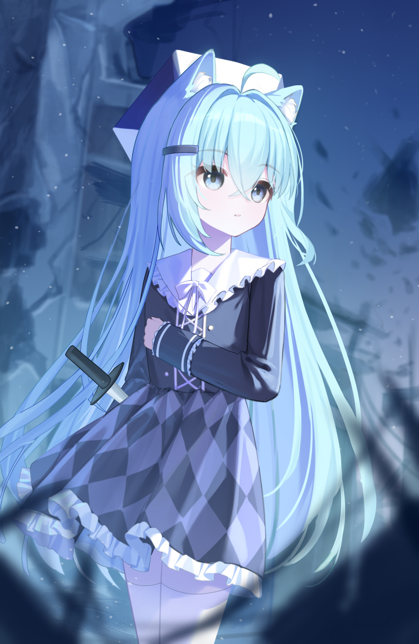 1girl, absurdres, ahoge, animal_ear_fluff, animal_ears, aqua_hair, black_dress, blue_eyes