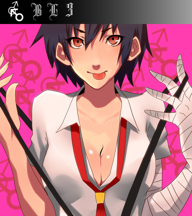ahoge, araragi_koyomi, bakemonogatari, bandage, bandaged_hand, bandages, between_breasts, blush