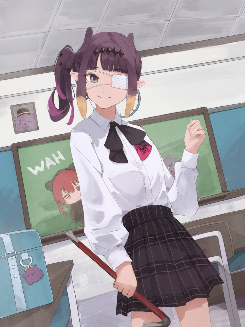 1girl, bag, black_ribbon, black_skirt, blue_eyes, blunt_bangs, chair, chalkboard