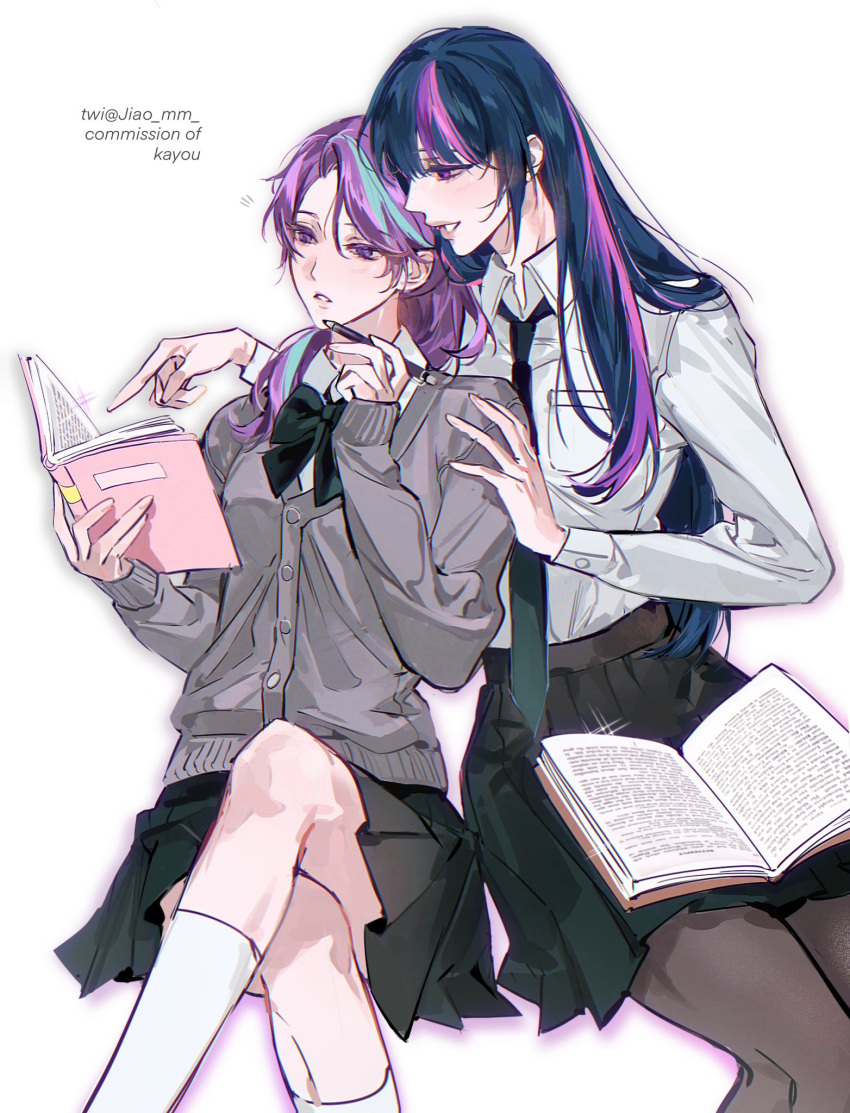 2girls, aegyo_sal, alternate_skin_color, aqua_hair, black_bow, black_bowtie, black_hair, black_pantyhose