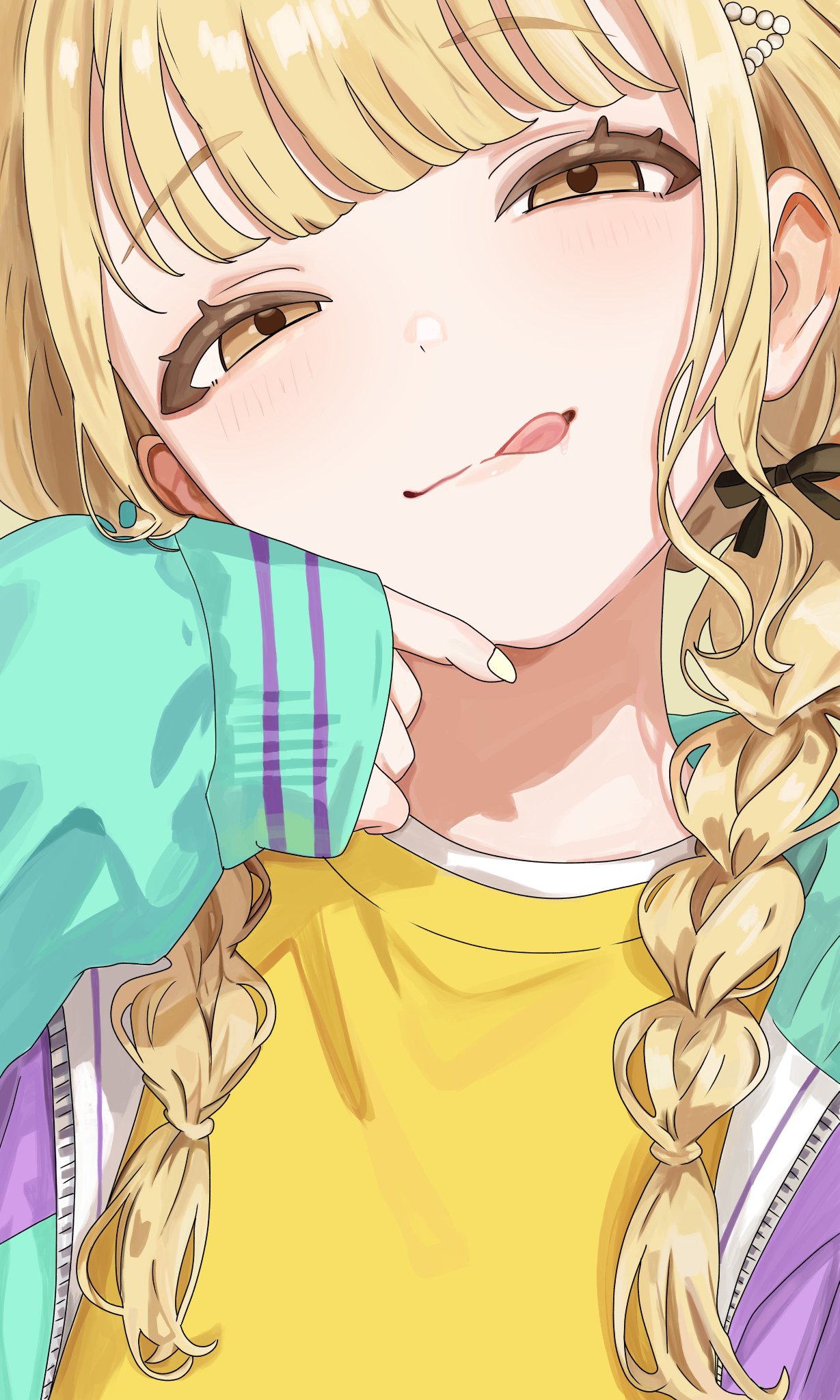 1girl, amashi_2278, black_ribbon, blonde_hair, blush, braid, commentary_request, fingernails, fujita_kotone, gakuen_idolmaster, hair_ribbon, head_tilt, highres, idolmaster, jacket, long_hair, looking_at_viewer, multicolored_jacket, ribbon, shirt, smile, solo, tongue, tongue_out, twin_braids, upper_body, yellow_eyes, yellow_shirt