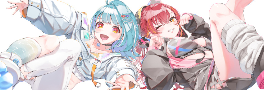 2girls, :3, absurdres, animal_hood, asymmetrical_clothes, asymmetrical_legwear, black_nails, blue_hair