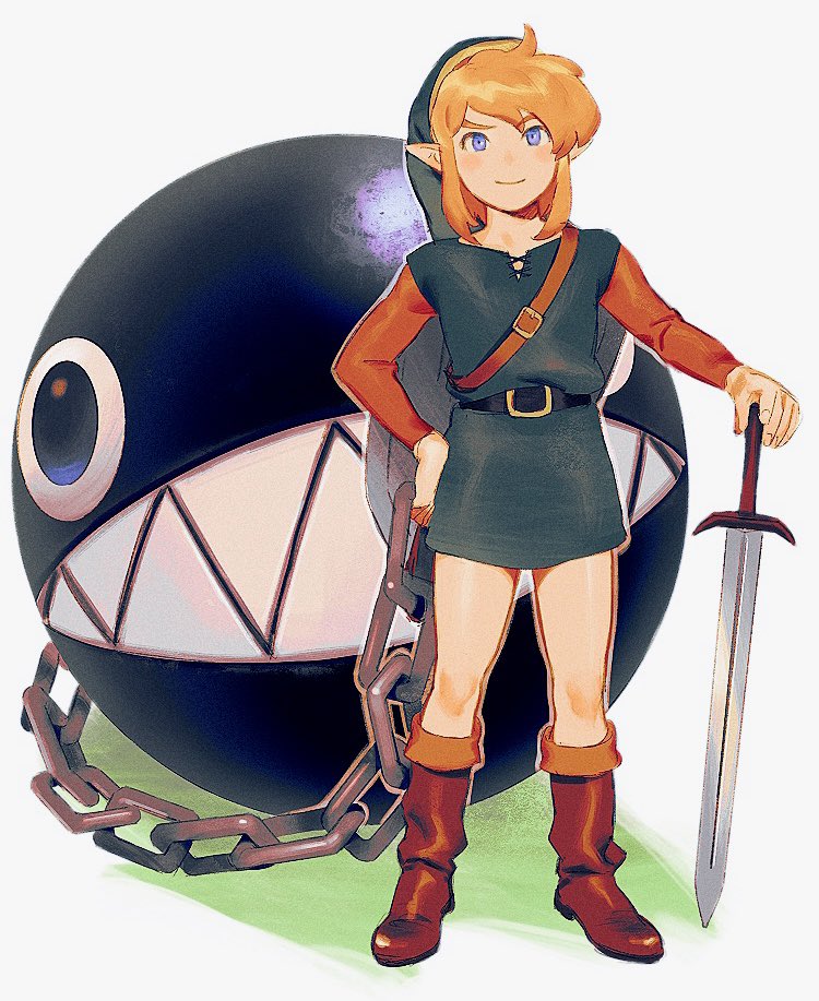 1boy, bare_legs, blonde_hair, blue_eyes, boots, bow_wow_(zelda), chain, commentary, green_tunic, link, male_focus, pointy_ears, simple_background, standing, sword, symbol-only_commentary, the_legend_of_zelda, the_legend_of_zelda:_link's_awakening, tunic, weapon, yone_f15
