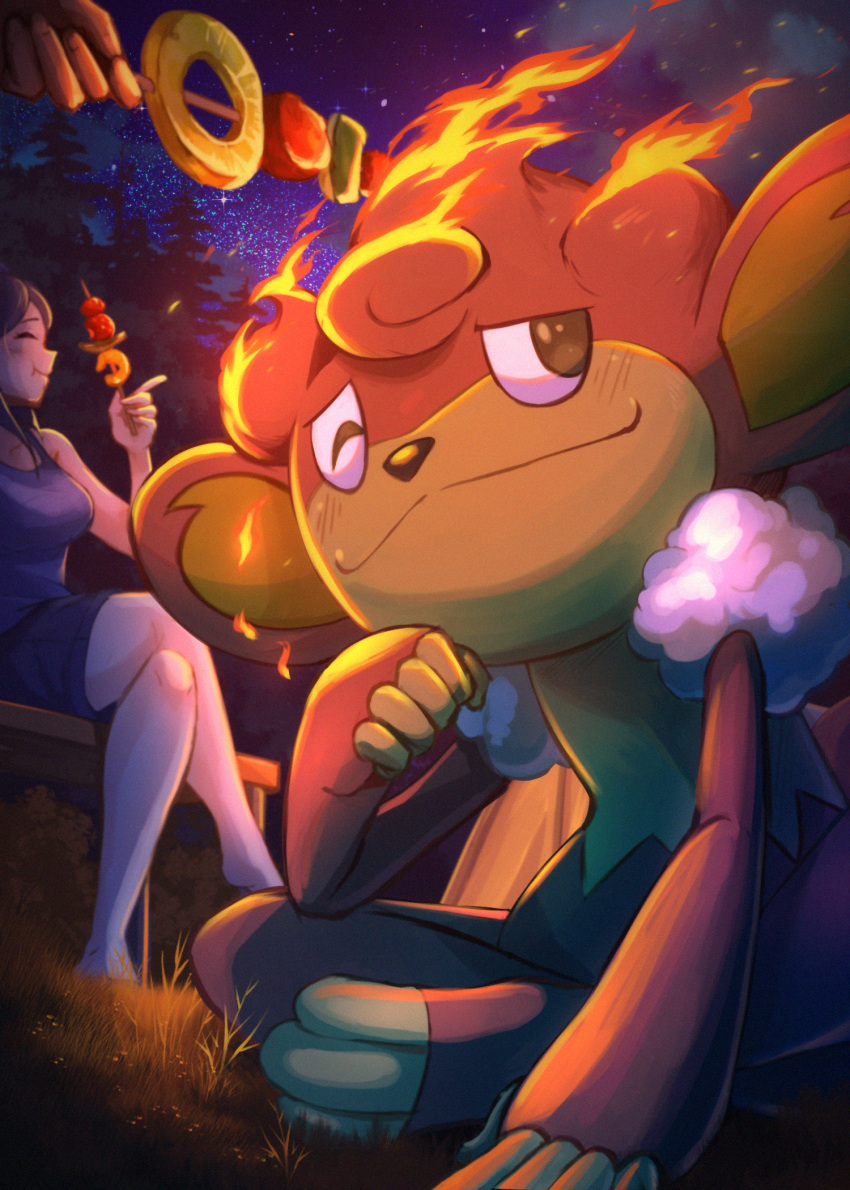 1girl, 1other, bench, breasts, closed_mouth, fire, food, fruit