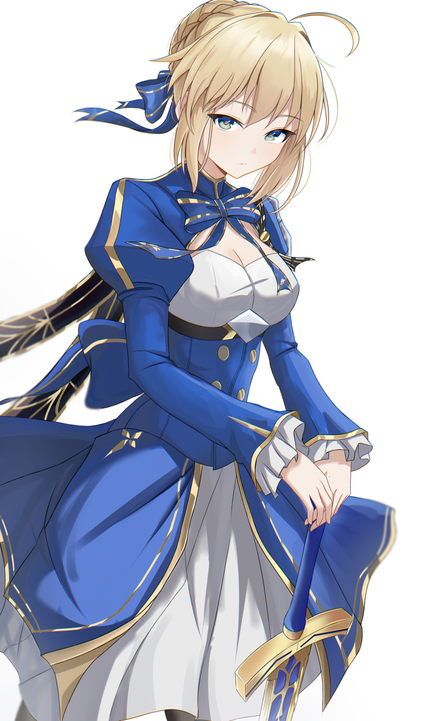 1girl, absurdres, ahoge, armor, artoria_pendragon_(fate), black_boots, blonde_hair, blue_dress
