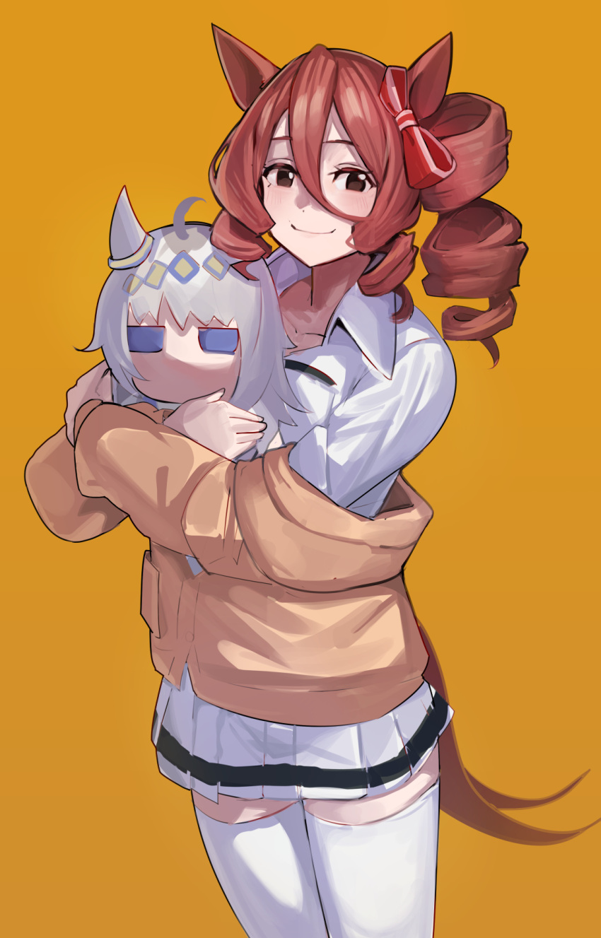 1girl, animal_ears, blush, bow, brown_cardigan, brown_eyes, cardigan, character_doll