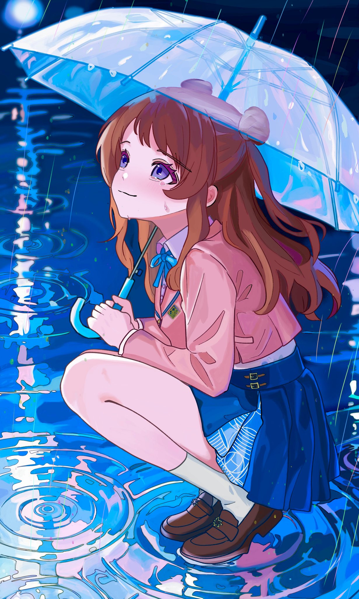 1girl, amashi_2278, blazer, blue_overskirt, blue_ribbon, blue_skirt, blush, brown_hair, brown_jacket, brown_shoes, commentary, cropped_jacket, double_bun, gakuen_idolmaster, hair_bun, hanami_saki, hatsuboshi_gakuen_school_uniform, highres, holding, holding_umbrella, idolmaster, jacket, light_smile, loafers, long_hair, long_sleeves, looking_up, neck_ribbon, pleated_skirt, rain, ribbon, school_uniform, shirt, shoes, skirt, socks, solo, squatting, tears, tiptoes, transparent, transparent_umbrella, umbrella, white_shirt, white_socks