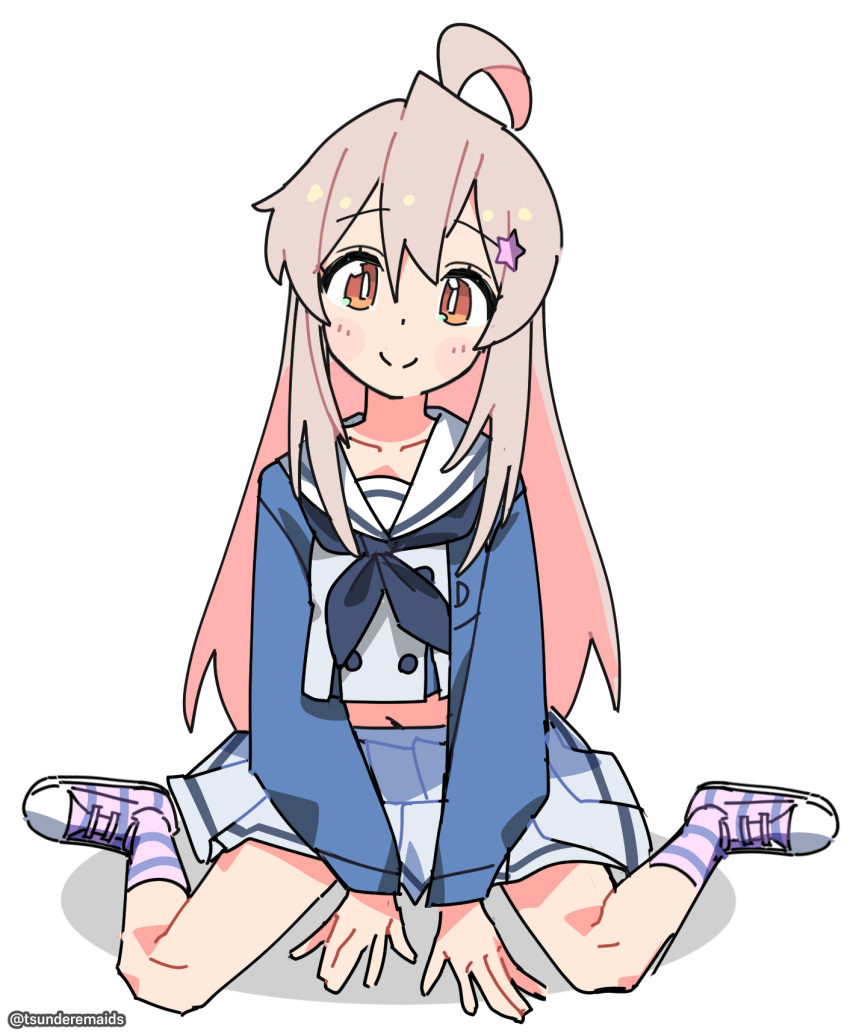 1girl, ahoge, black_neckerchief, blue_archive, blue_jacket, brown_eyes, buttons, collarbone