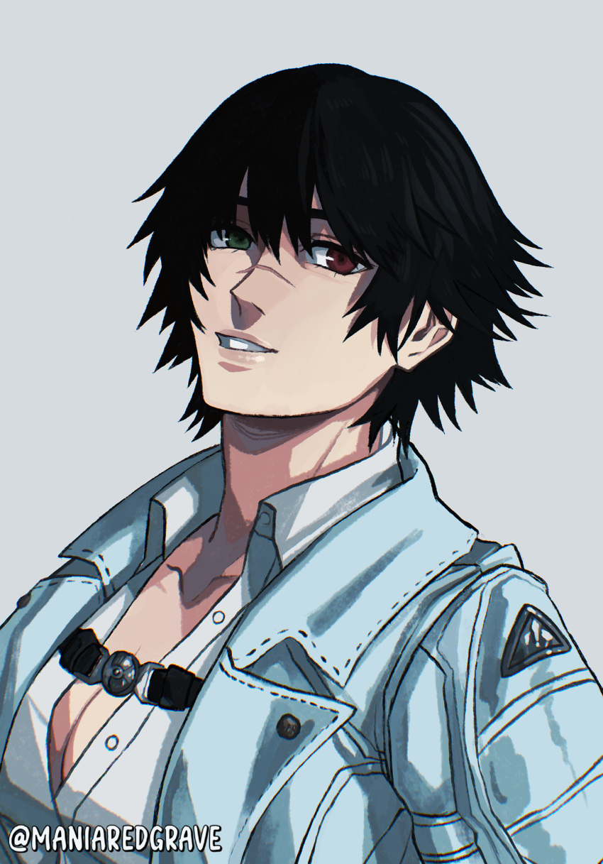 1girl, black_hair, devil_may_cry_(series), devil_may_cry_5, green_eyes, grey_background, heterochromia, highres