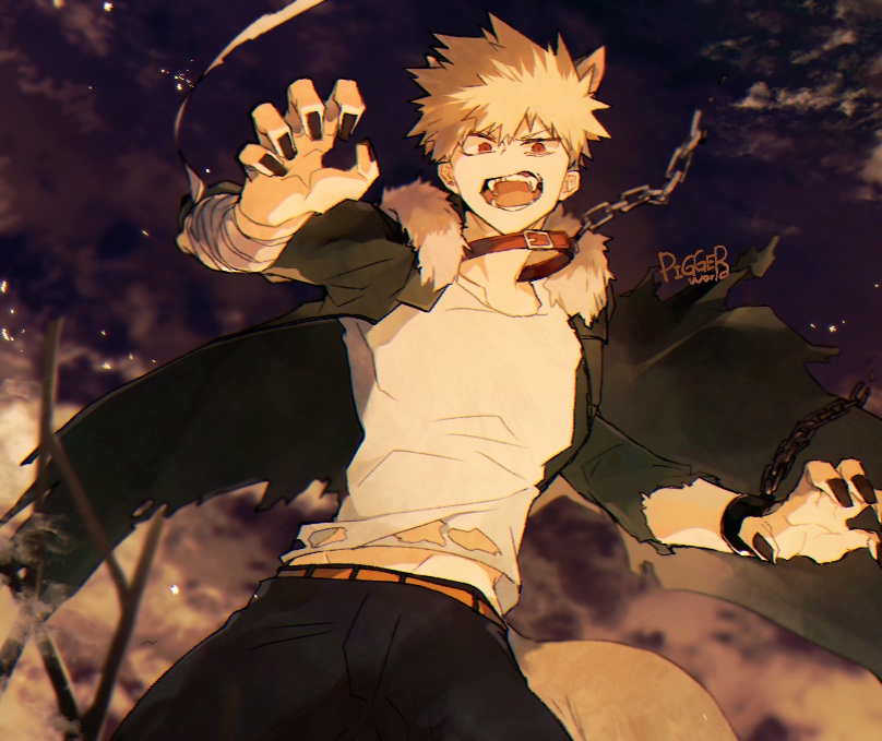 1boy, animal_ears, bakugou_katsuki, bandaged_arm, bandages, belt, belt_buckle, belt_collar