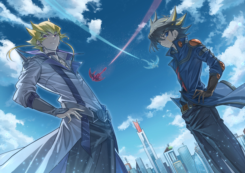 2boys, absurdres, belt, black_choker, black_hair, black_pants, black_shirt, blonde_hair