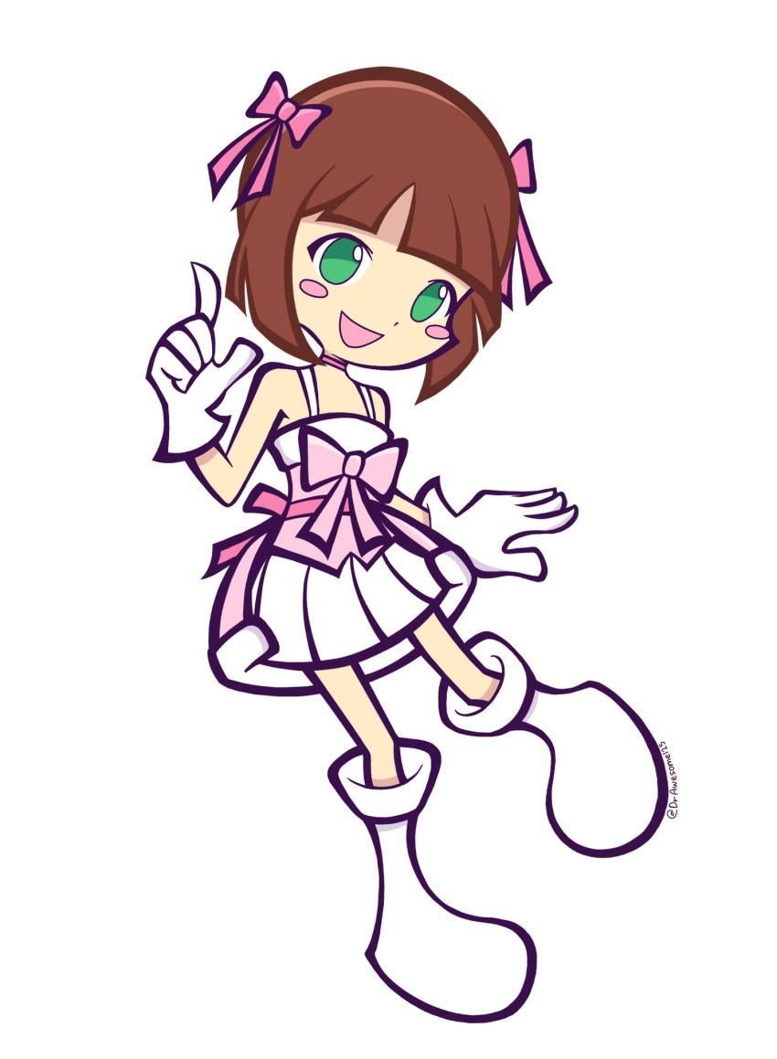 1girl, amami_haruka, blush, boots, bow, brown_hair, commentary, cute_&amp;_girly_(idolmaster), dr_awesome, dress, dress_bow, english_commentary, full_body, gloves, green_eyes, hair_bow, hand_up, highres, idolmaster, idolmaster_(classic), idolmaster_1, index_finger_raised, looking_at_viewer, open_mouth, parody, pink_bow, pink_dress, puyopuyo, short_hair, simple_background, smile, snow_strawberry_(idolmaster), solo, style_parody, twitter_username, white_background, white_boots, white_gloves