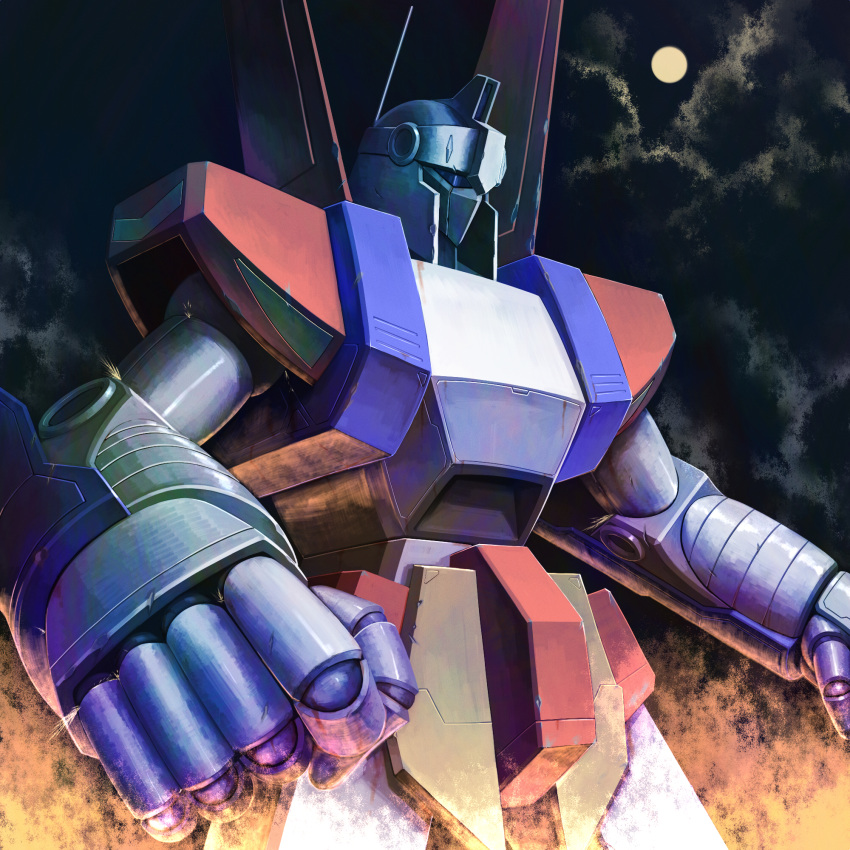 cloudy_sky, damaged, doraemon, doraemon:_nobita_to_tetsujin_heidan, fist, full_moon, highres, mecha