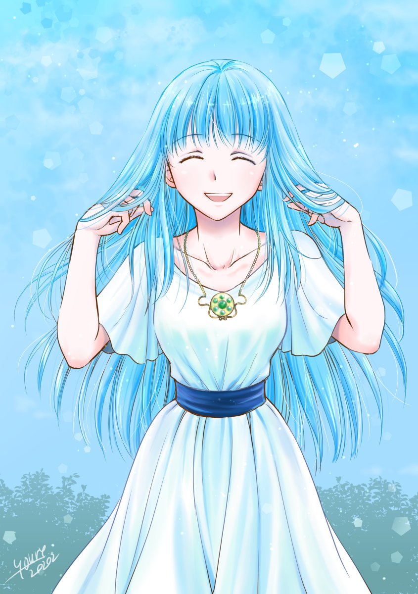 1girl, ^_^, alternate_hairstyle, ancient_ys_vanished, blue_hair, blue_sash, closed_eyes, collarbone