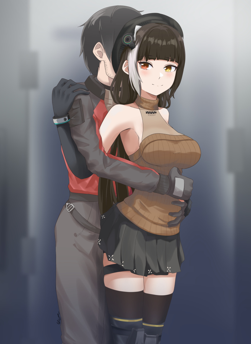 1boy, 1girl, bare_shoulders, black_gloves, black_hair, black_hat, black_skirt, blush