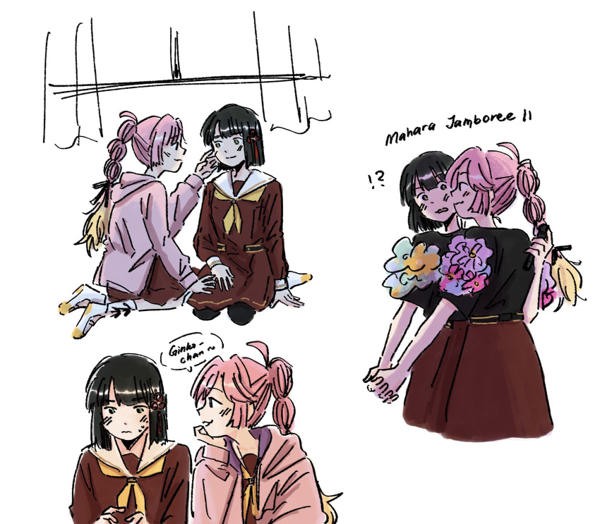 2girls, 3:, :3, ahoge, anyoji_hime, aqua_flower, averting_eyes, black_pantyhose