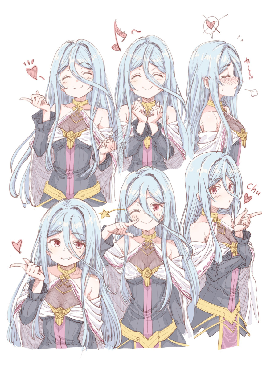 1girl, ^_^, absurdres, arms_up, blowing_kiss, blue_hair, blush, breasts