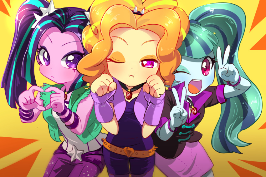 3girls, ;d, ;i, adagio_dazzle, adagio_dazzle_(human), aqua_eyeshadow, aqua_hair, aria_blaze, aria_blaze_(human), belt, black_choker, black_hairband, blonde_hair, blue_hair, blue_skin, bracelet, brown_jacket, choker, closed_mouth, colored_skin, commentary, cowboy_shot, deformed, double_v, eyeshadow, fingerless_gloves, gem, gloves, green_jacket, hair_ornament, hair_tie, hairband, hands_up, heart, heart_hands, high_ponytail, jacket, jewelry, leaning_forward, long_hair, looking_at_viewer, makeup, multicolored_hair, multiple_girls, my_little_pony, my_little_pony:_equestria_girls, my_little_pony:_friendship_is_magic, one_eye_closed, open_clothes, open_jacket, open_mouth, orange_background, orange_belt, orange_eyeshadow, orange_hair, pants, parted_bangs, paw_pose, pencil_skirt, pendant_choker, pink_eyes, pink_skin, ponytail, purple_eyeshadow, purple_gloves, purple_hair, purple_jacket, purple_pants, purple_shirt, purple_shorts, quizia, red_gemstone, shirt, short_sleeves, shorts, simple_background, skirt, sleeveless, sleeveless_jacket, sleeveless_shirt, smile, sonata_dusk, sonata_dusk_(human), spiked_belt, spiked_hairband, spikes, standing, star_(symbol), star_hair_ornament, streaked_hair, teeth, tongue, twintails, two-tone_background, two-tone_hair, upper_teeth_only, v, v-bangs, v-shaped_eyebrows, very_long_hair, violet_eyes, white_shirt, yellow_background
