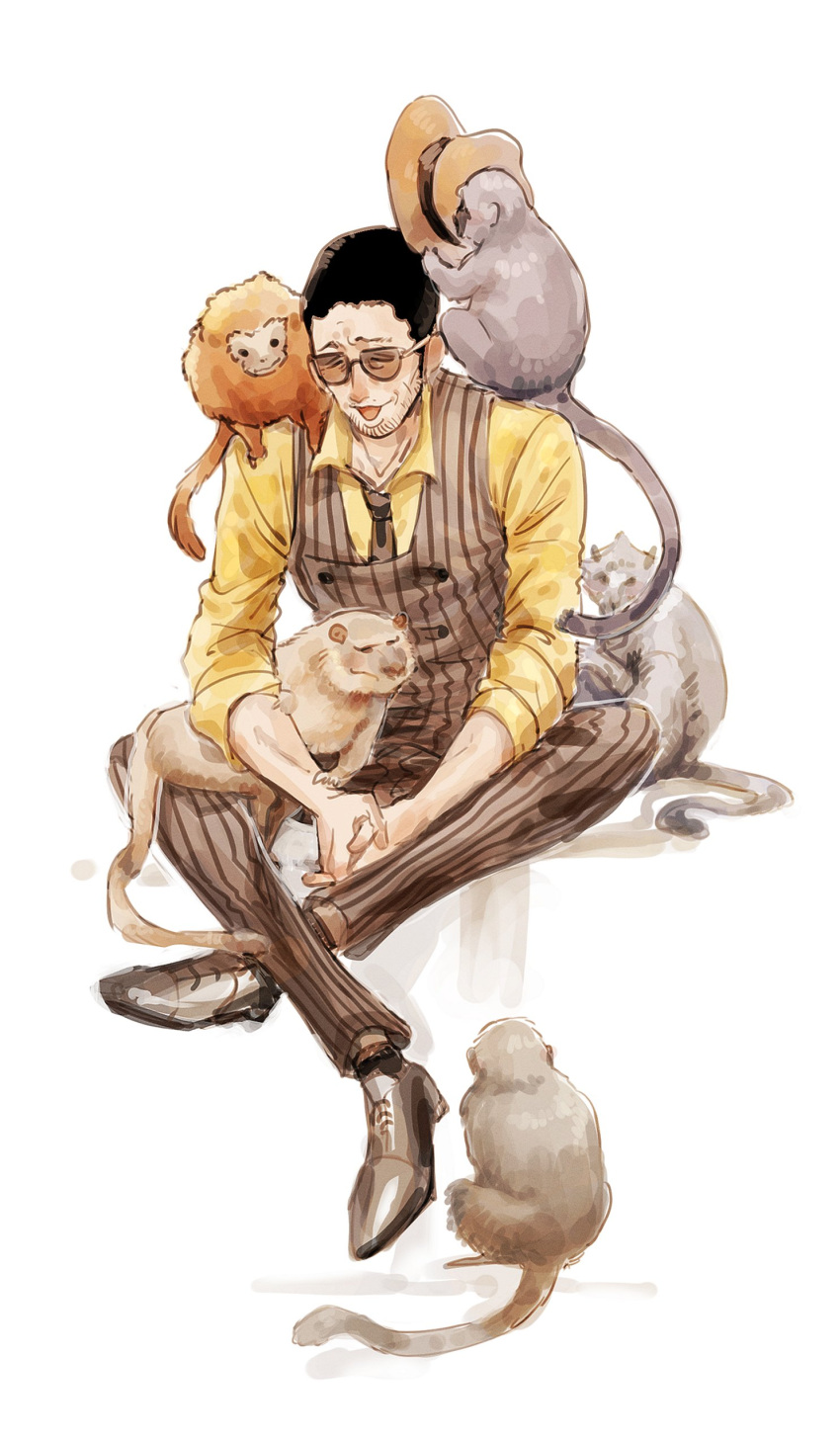 1boy, 6cheetah, absurdres, animal_on_shoulder, baboon, black_hair, black_necktie, borsalino_(kizaru)