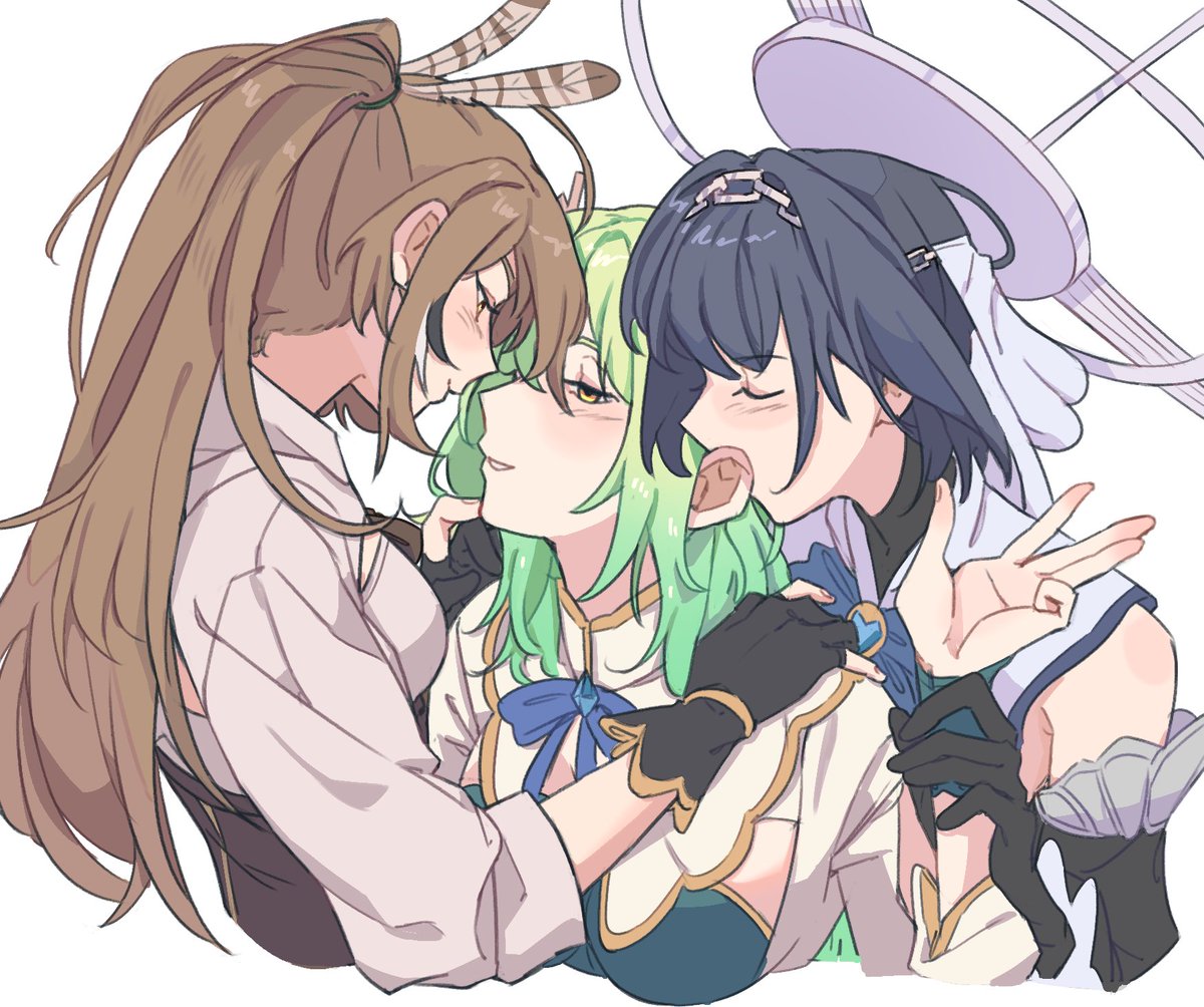 3girls, addendium, blue_hair, blush, brown_hair, ceres_fauna, ceres_fauna_(1st_costume), closed_eyes, commentary, feather_hair_ornament, feathers, gloves, green_hair, hair_ornament, hashtag-only_commentary, hololive, hololive_english, long_hair, multiple_girls, nanashi_mumei, nanashi_mumei_(1st_costume), ouro_kronii, ouro_kronii_(1st_costume), parted_lips, partially_fingerless_gloves, virtual_youtuber, yuri