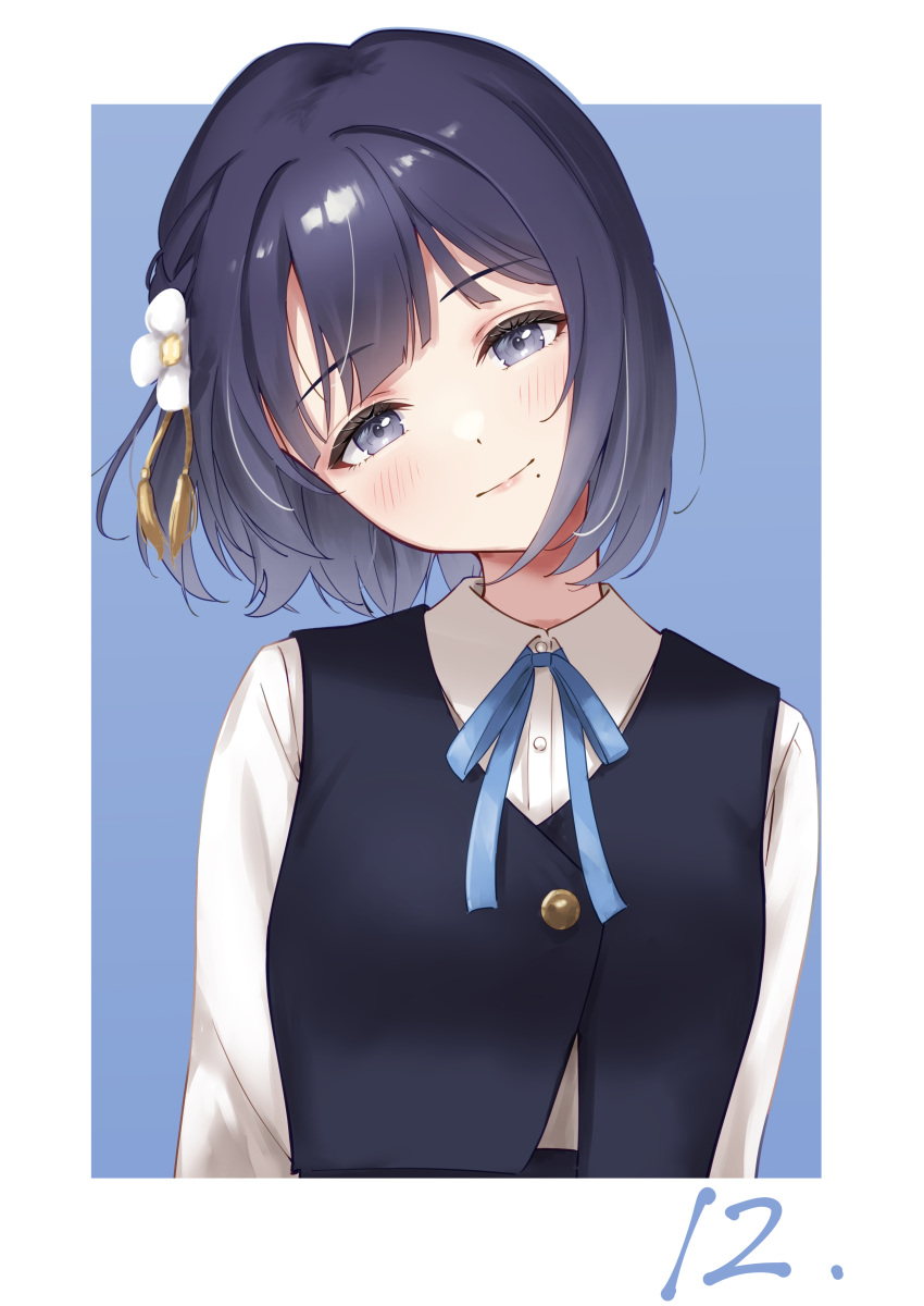 1girl, absurdres, blue_background, blue_ribbon, blue_vest, blunt_bangs, blush, border