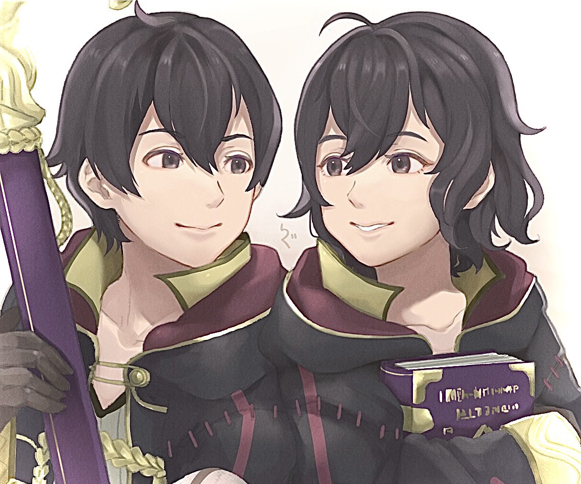 1boy, 1girl, ahoge, black_eyes, black_gloves, black_hair, black_robe, book