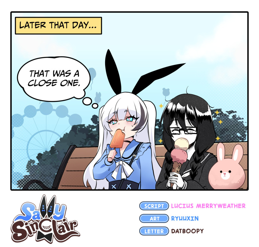 2girls, amusement_park, animal_ears, black_hair, black_serafuku, braid, double_scoop, emergence_(shindol)