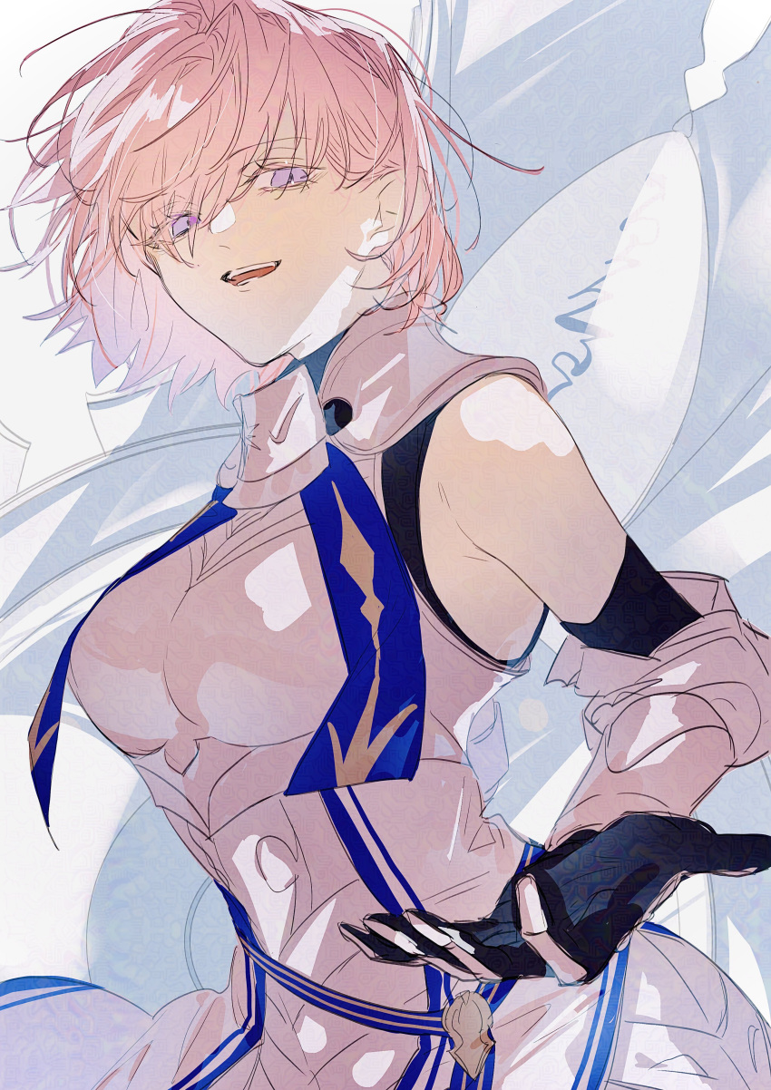 1girl, absurdres, armor, armored_dress, black_gloves, breasts, dress, fate/grand_order, fate_(series), gloves, highres, large_breasts, mash_kyrielight, mash_kyrielight_(paladin), nasubi_illust, pink_hair, reaching, reaching_towards_viewer, shield, violet_eyes